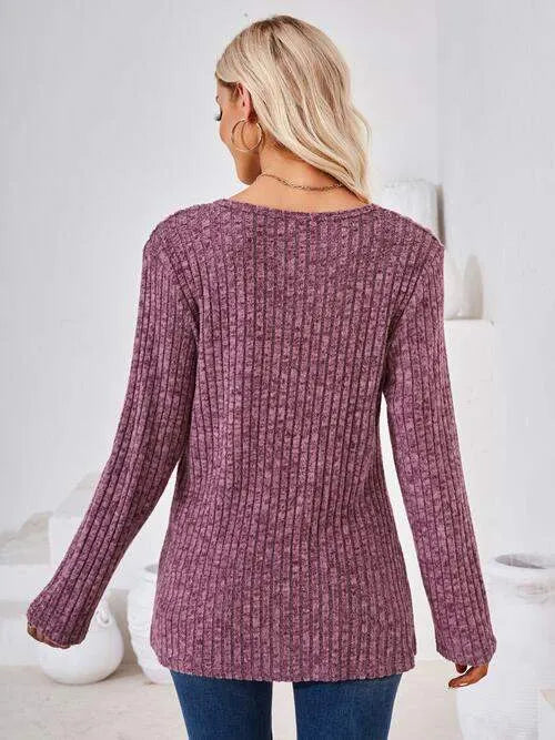 Ribbed Buttoned Round Neck Slit T-Shirt Women's T-Shirts - Tophatter Daily Deals